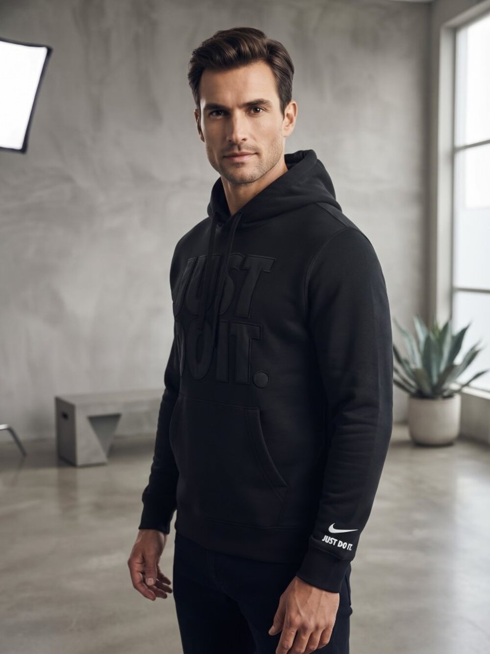 Nike Just Do It Hoodie Mens Large Black Tonal Applique Logo Pullover Sweatshirt
